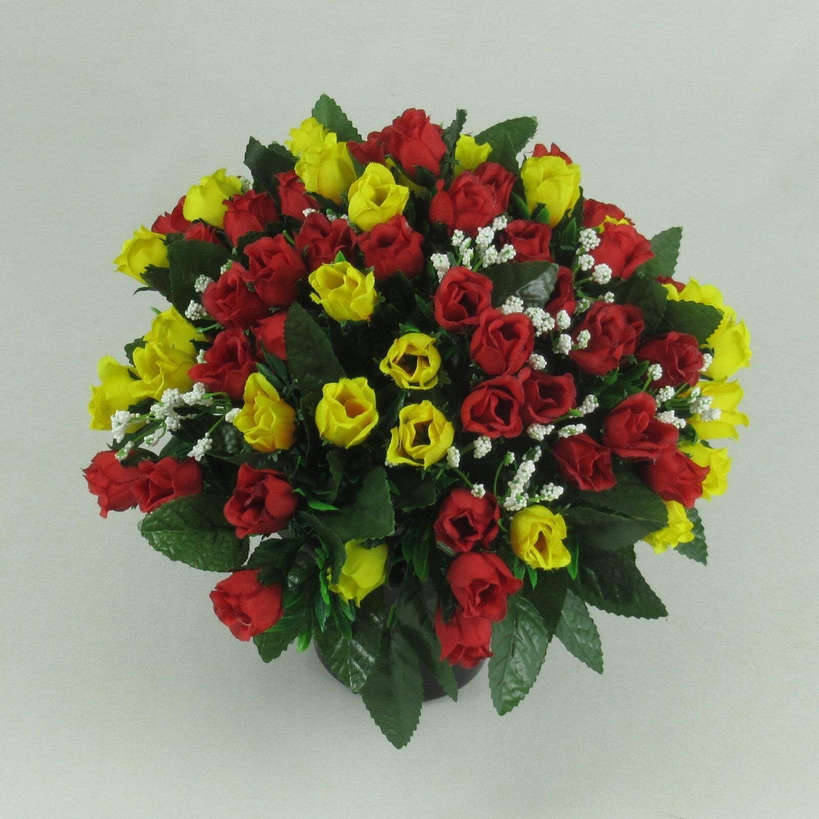 Red and yellow artificial silk grave flower arrangement, 23cm, dense bouquet in black pot