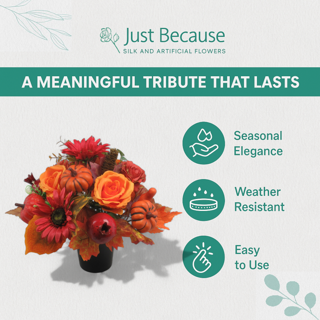 Autumn artificial gravepot bouquet with orange roses, red flowers, pumpkins and pomegranates