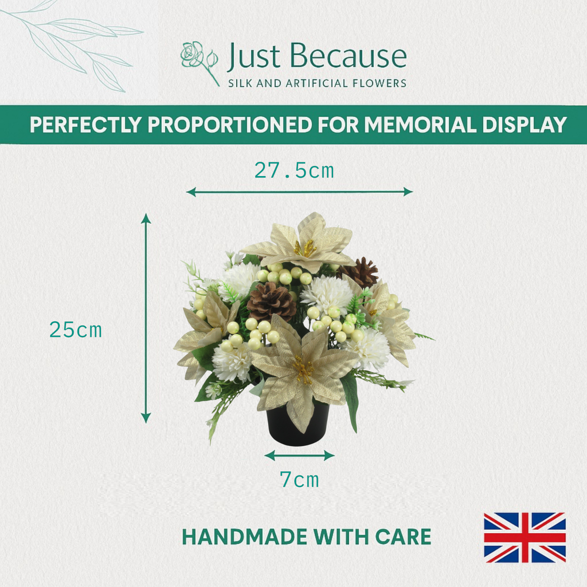 Christmas grave flower arrangement 25cm gold poinsettia snowball chrysanthemum