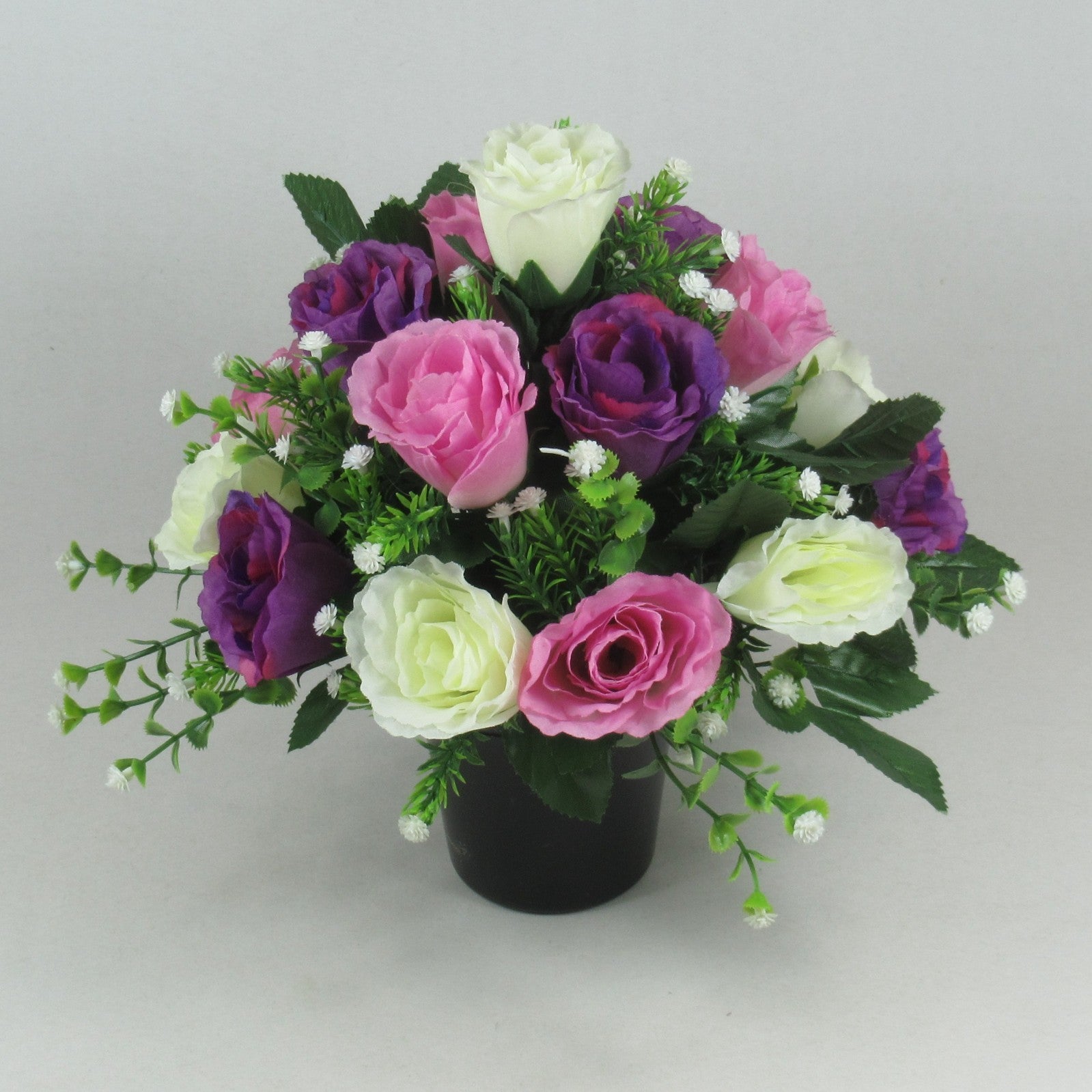 Artificial silk flowers - Grave arrangement in pot purple cerise roses