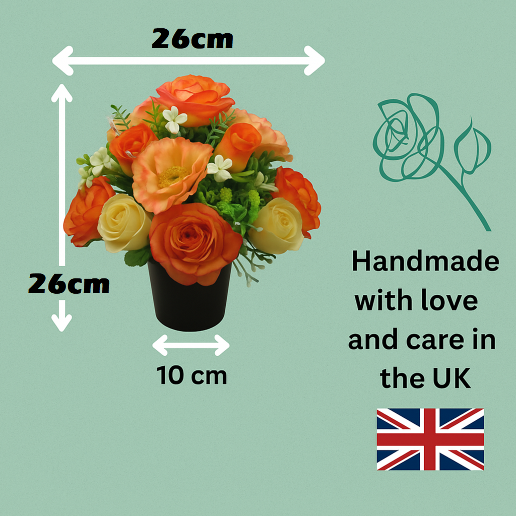 Artificial rose arrangement in black pot with size marks 26cm and 10cm