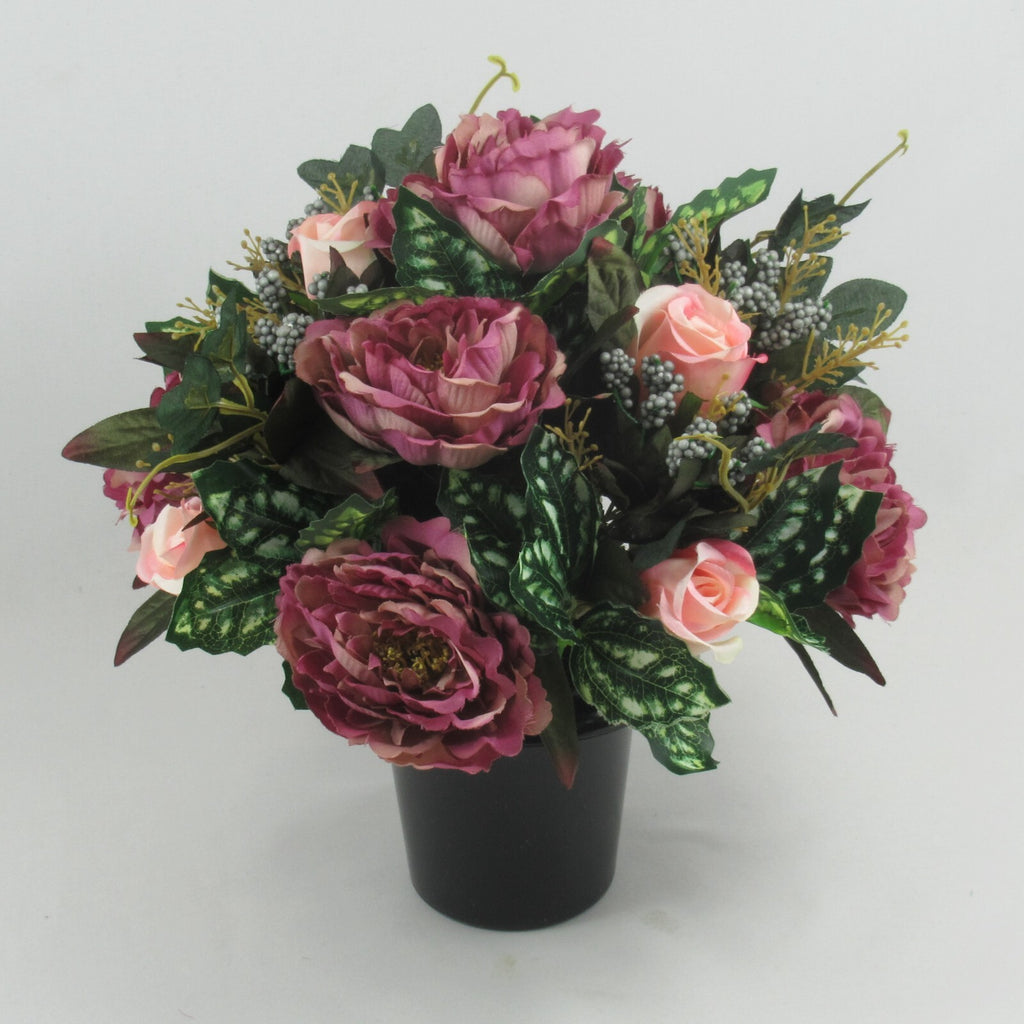 Artificial Grave Flower Arrangement with  peonies and pink rosebuds 26cm