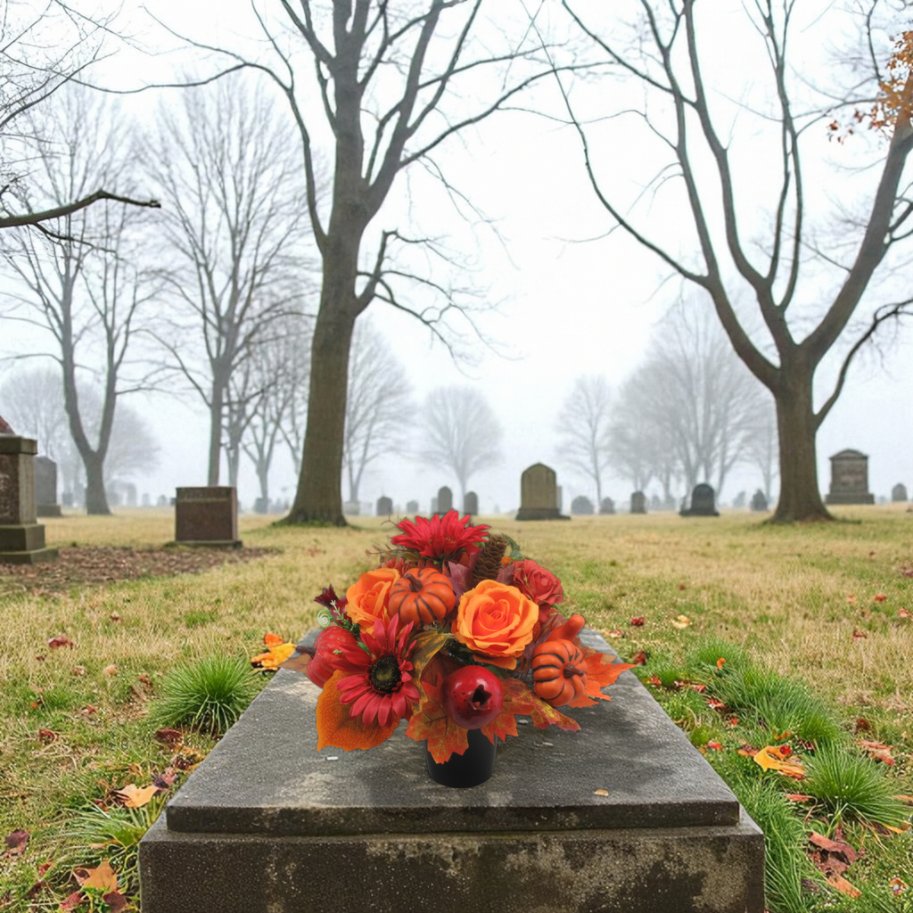 Autumn artificial memorial arrangement with orange roses, red flowers, pumpkins on gray grave slab