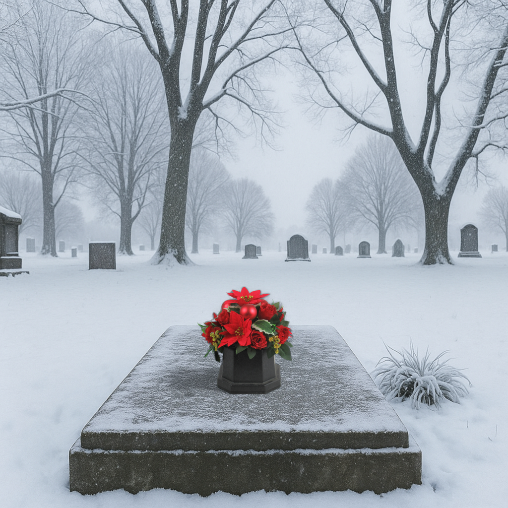 Christmas grave flower arrangement - red poinsettias, baubles 25cm