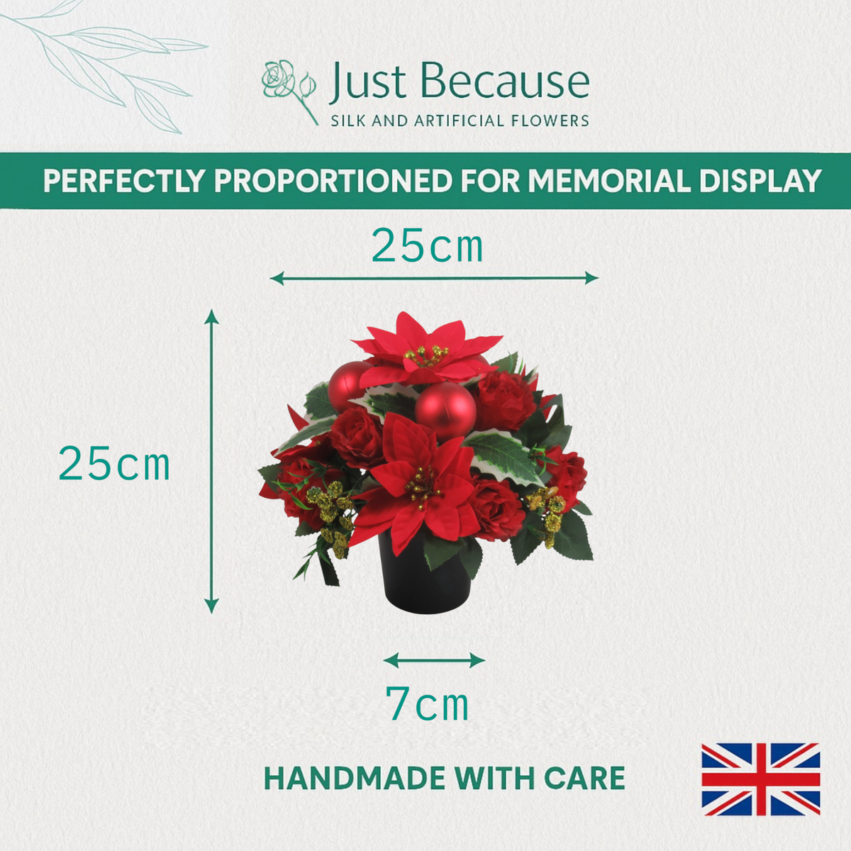 Christmas grave flower arrangement - red poinsettias, baubles 25cm