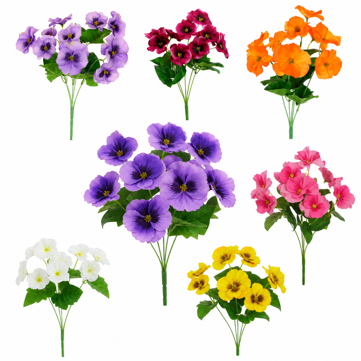 Artificial silk pansy flower bunch, assortment of 7 colors with green leaves