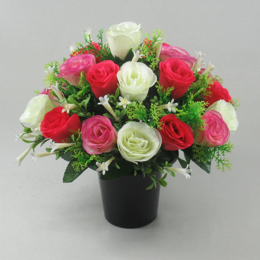 Artificial silk Grave flowers in memorial pot Pink Rosebuds Long Lasting 25cm
