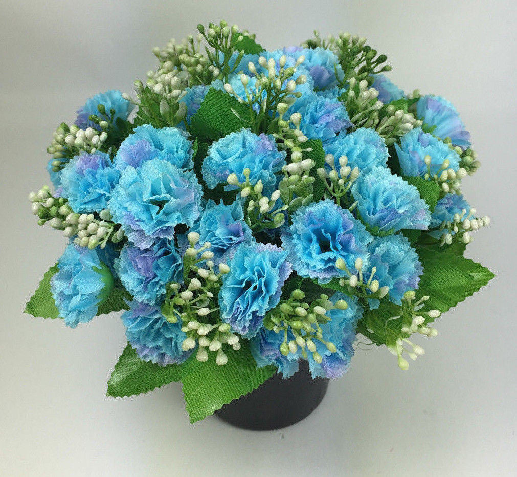 Artificial mini-carnation grave memorial pot arrangement with light blue carnation blooms