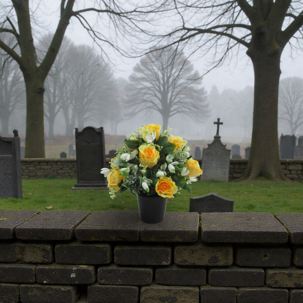 Artificial Grave Flower Arrangement in Pot Snowdrops Roses 25cm Long Lasting