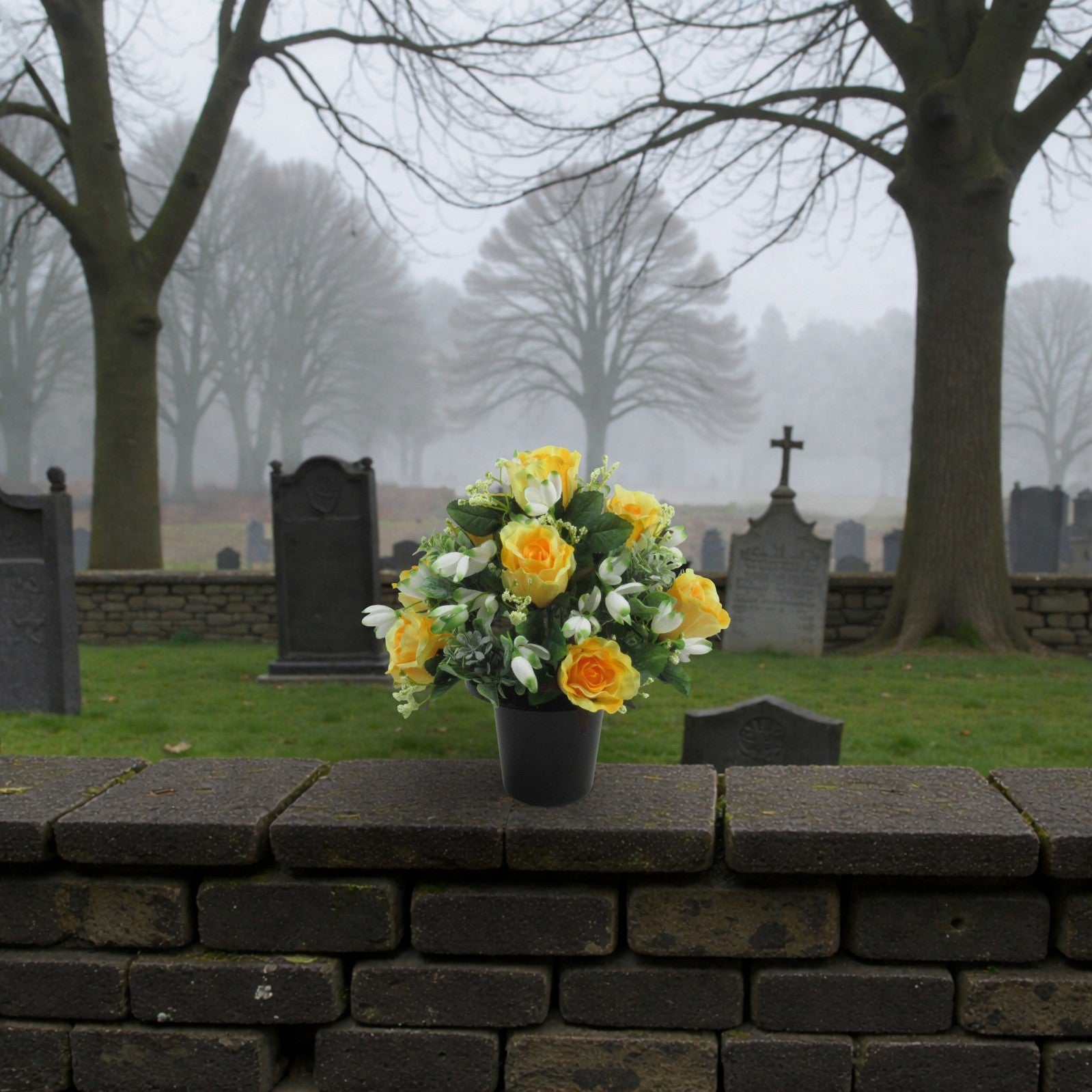 Artificial Grave Flower Arrangement in Pot Snowdrops Roses 25cm Long Lasting