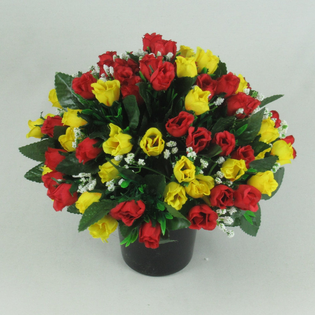 Artificial silk memorial flower arrangement with red roses and yellow blooms, 23cm, black pot