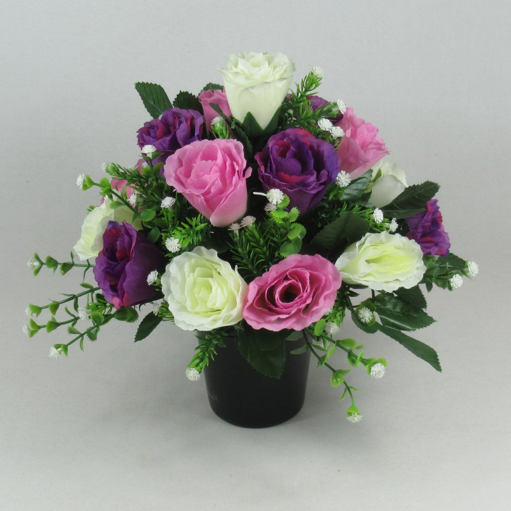 Artificial silk flowers - Grave arrangement in pot purple cerise roses