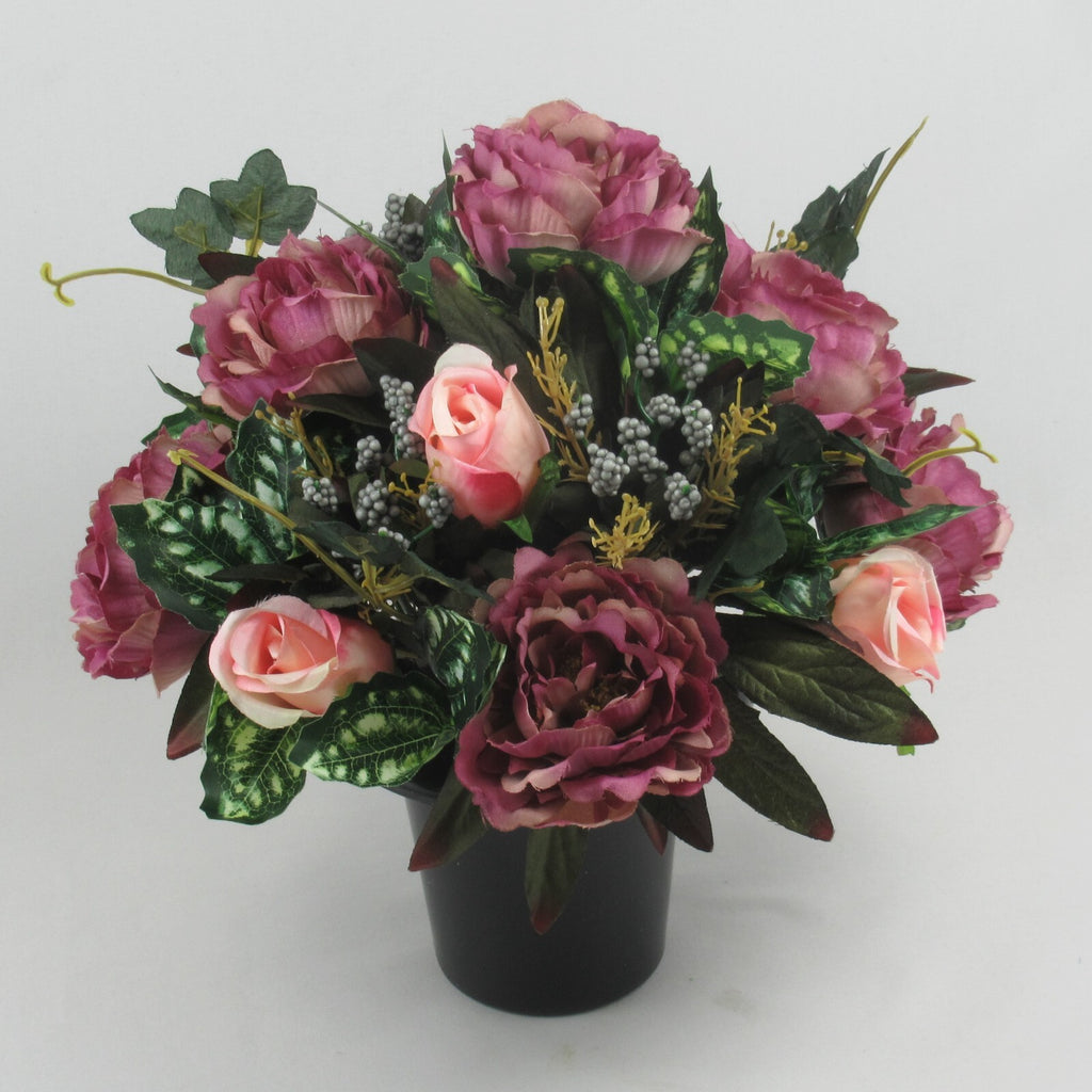 Artificial Grave Flower Arrangement with  peonies and pink rosebuds 26cm