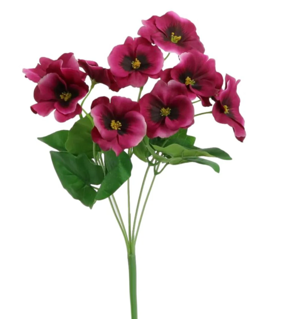 Artificial silk pansy bunch with deep pink-magenta blossoms and green leaves