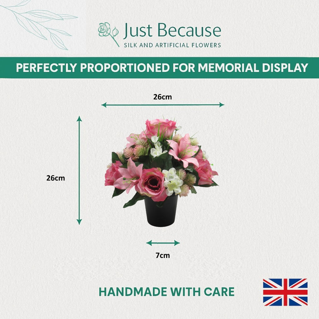 Artificial Grave Flower Arrangement in Pot Pink rose lily 26cm Long Lasting
