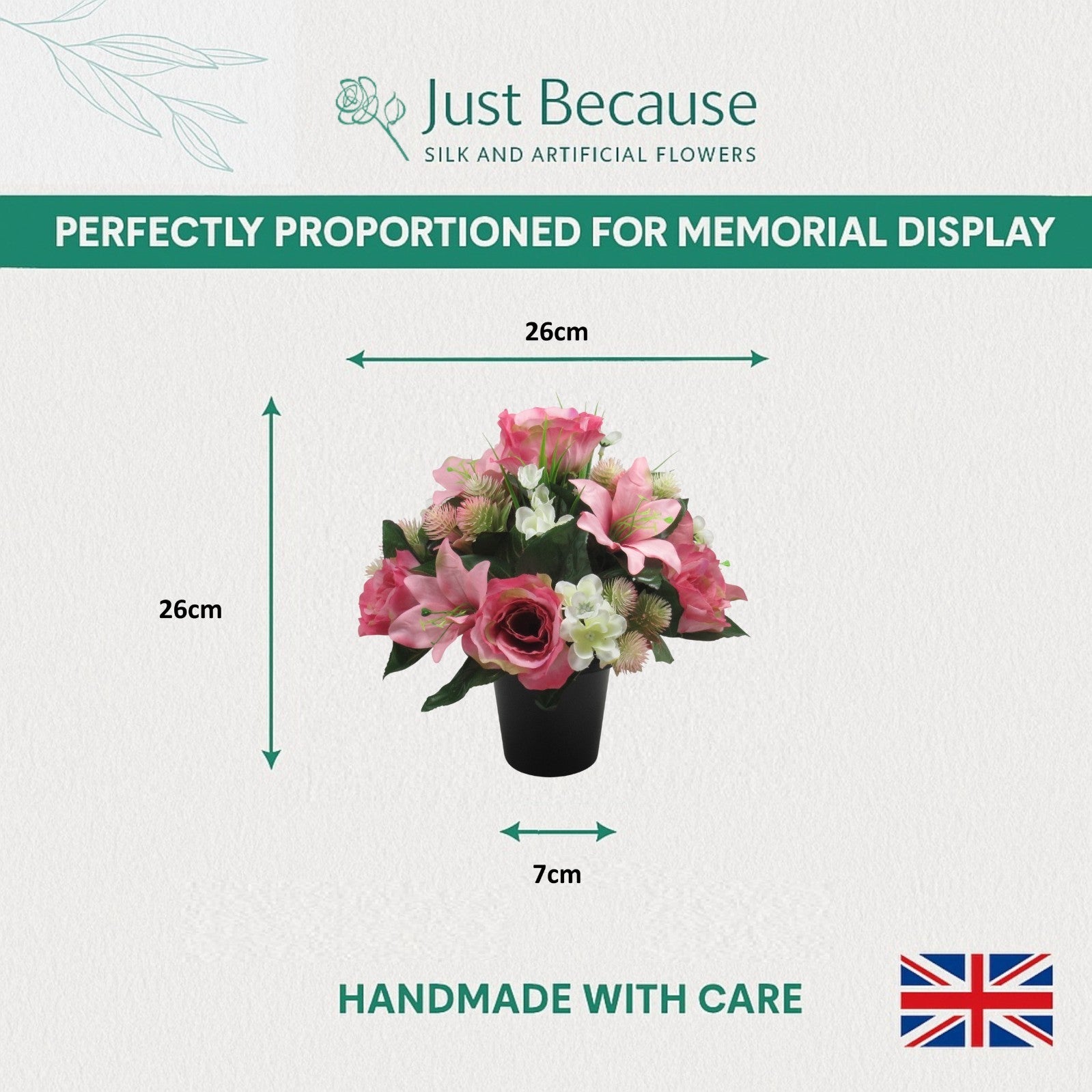 Artificial Grave Flower Arrangement in Pot Pink rose lily 26cm Long Lasting