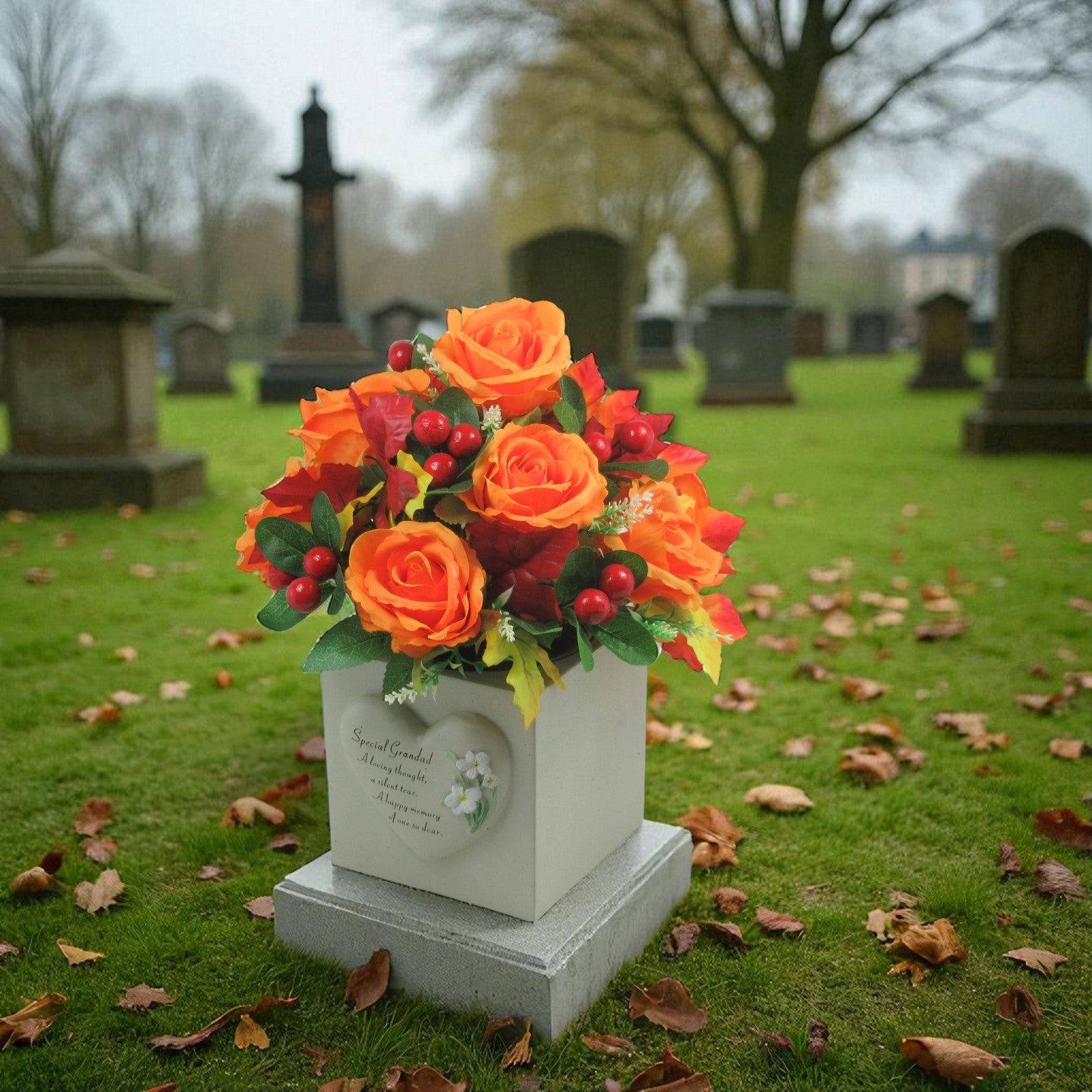 Orange rose and red berry memorial arrangement in a white square pot for graveside display
