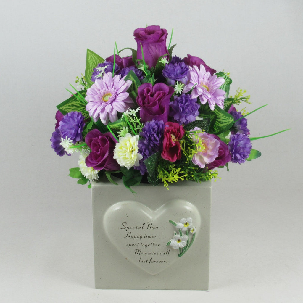 Artificial Grave Flower Arrangement in Pot Purple Lilac 26cm Long Lasting