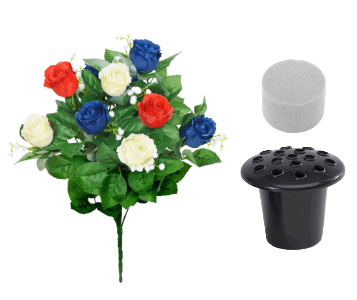 Artificial rosebud bush stems with gypsophila, red/white/blue blooms, green foliage and gravepot