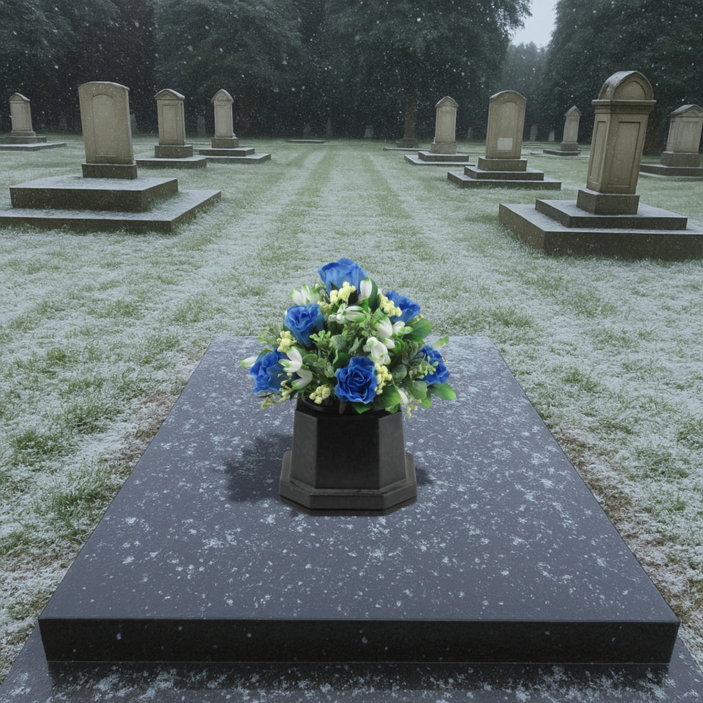 Artificial Grave Flower Arrangement in Pot Snowdrops Roses 25cm Long Lasting