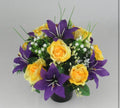 Artificial grave flower arrangement: yellow roses, purple lilies in black pot, 24cm