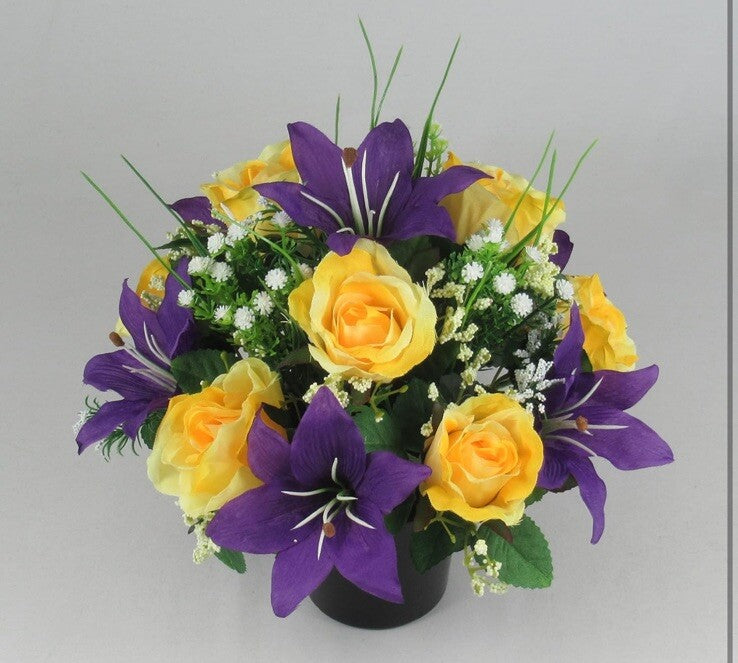 Artificial grave flower arrangement: yellow roses, purple lilies in black pot, 24cm