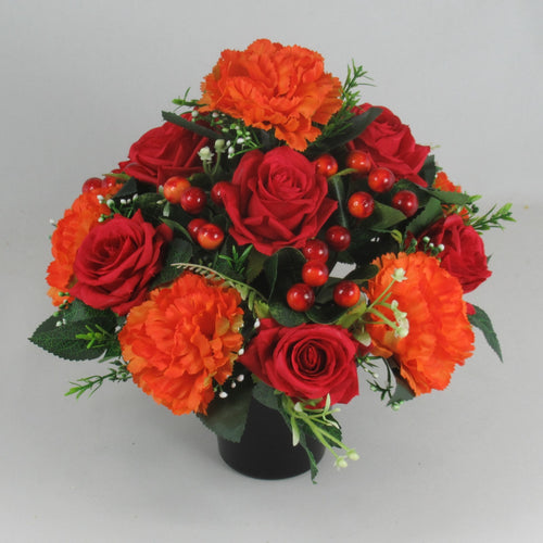Artificial flowers in Grave pot, 26cm, in warm autumn shades HANDMADE