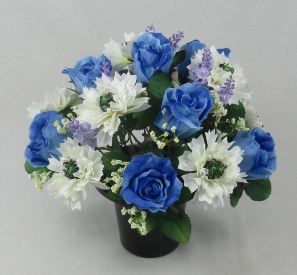 Artificial memorial grave pot floral arrangement with blue roses, white flowers, purple sprigs