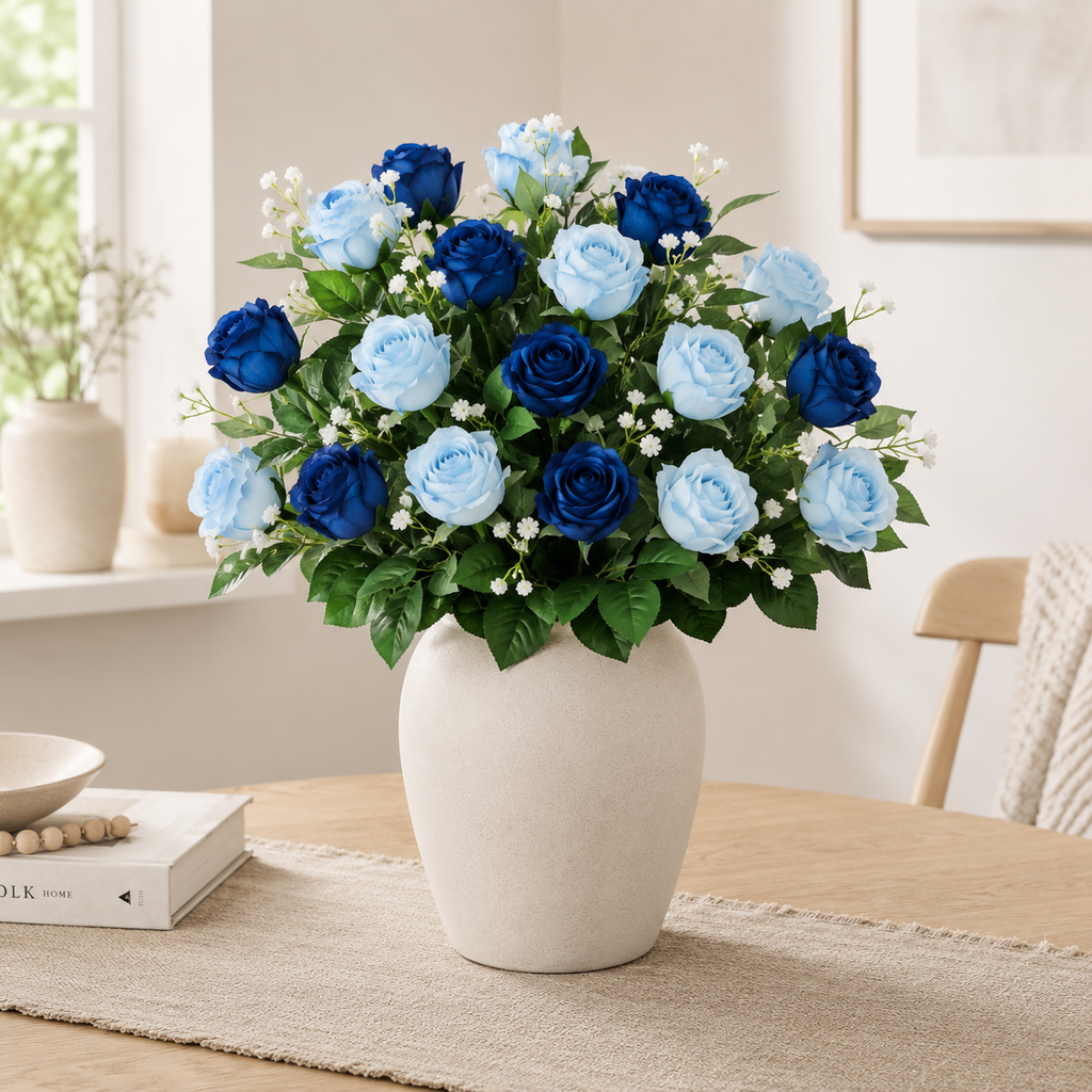 Artificial blue rosebud bouquet with light blue and dark blue roses, white baby’s-breath