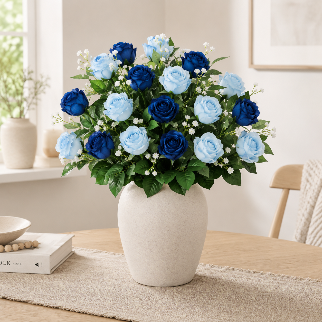Artificial blue rosebud bouquet with light blue and dark blue roses, white baby’s-breath