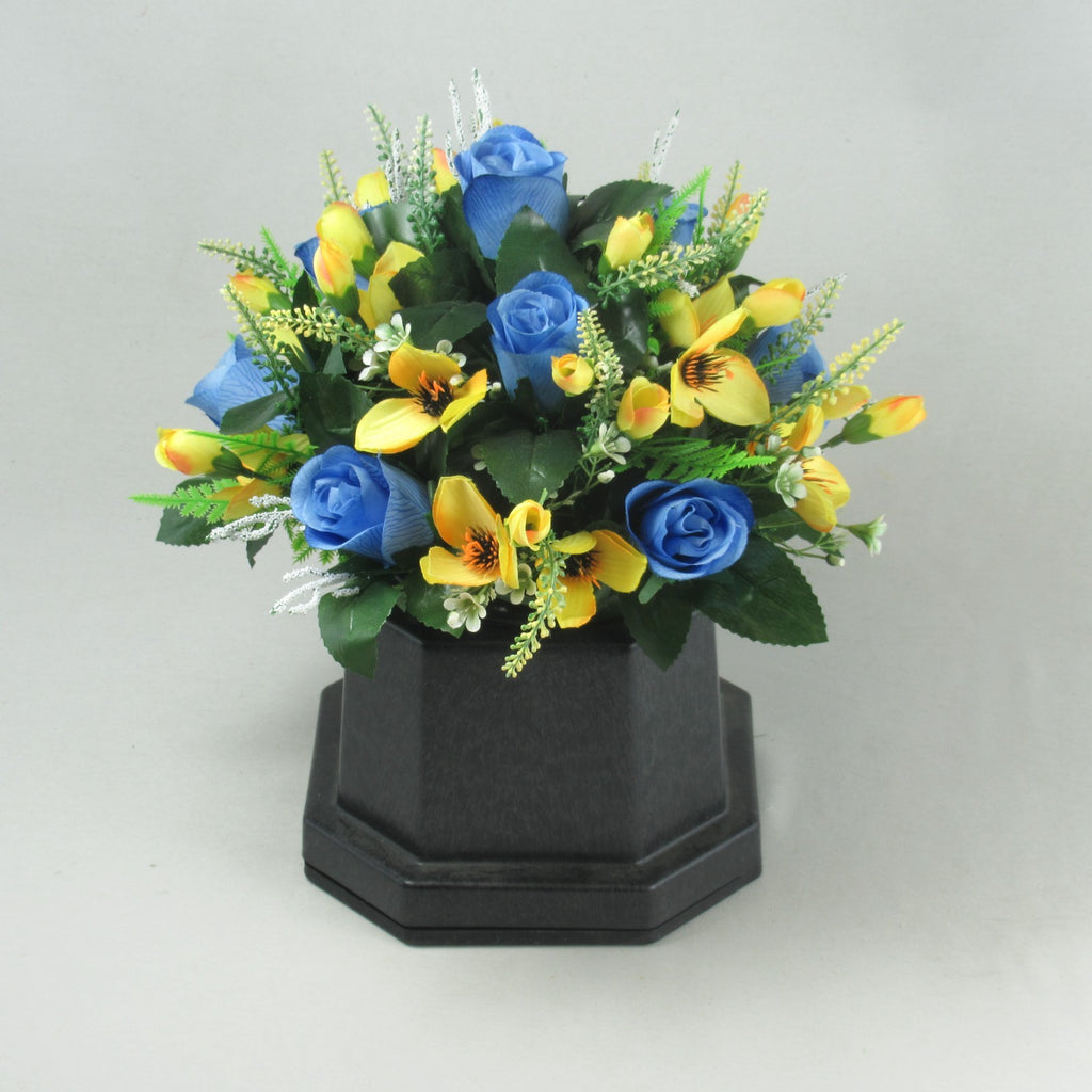 Artificial Grave Flower Arrangement in Pot Blue Roses 25cm Long Lasting