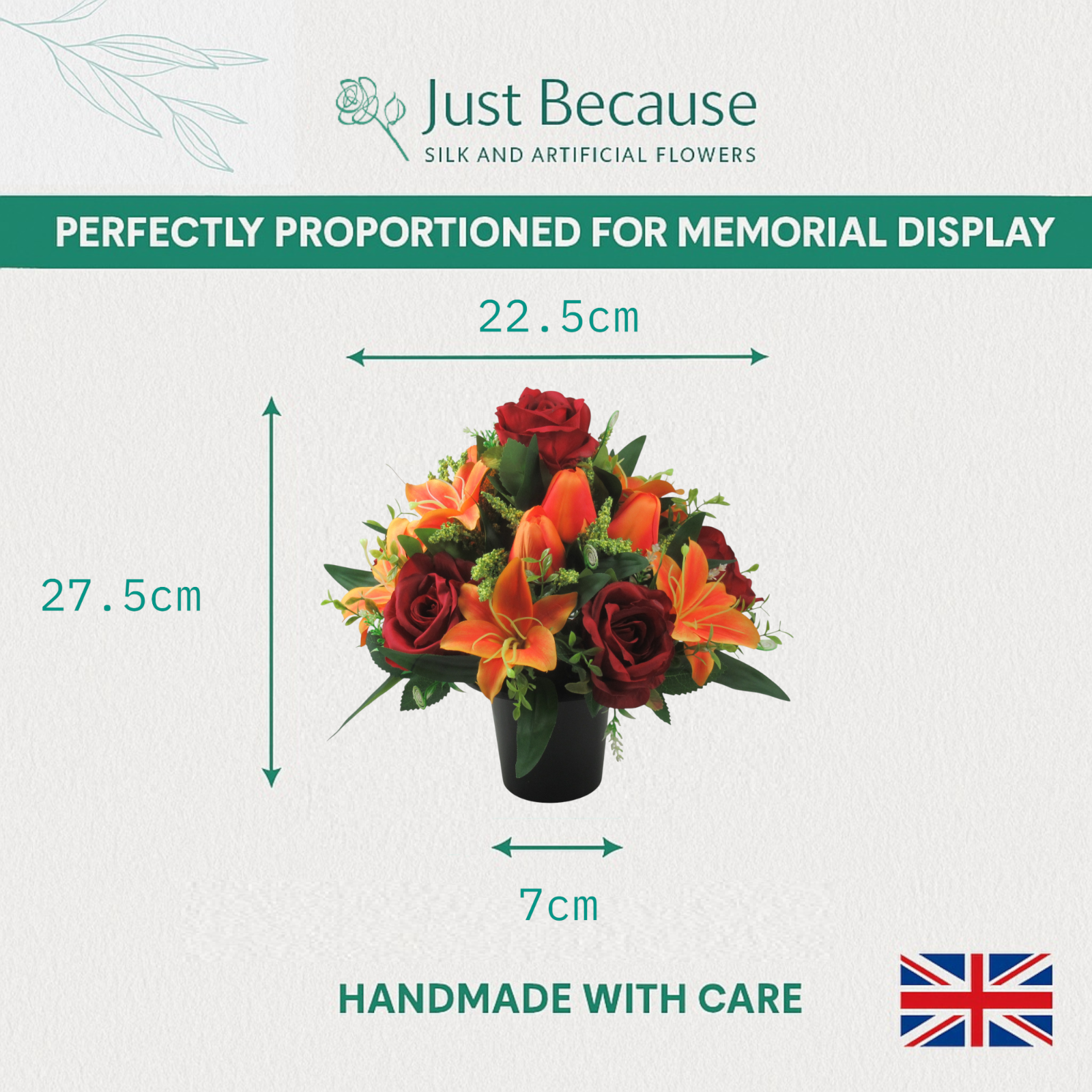 Autumn Artificial silk flowers grave pot arrangement Warm Colours 27.5 cm