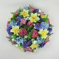15in artificial silk funeral flower wreath with purple, yellow, pink and blue blossoms