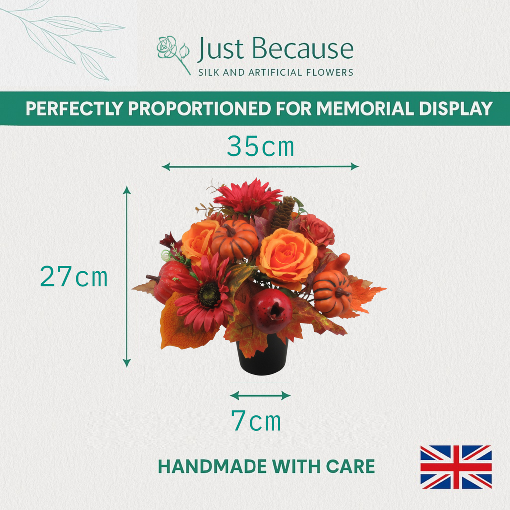 Autumn artificial gravepot flowers with orange roses and pumpkins; size marked 35cm x 27cm