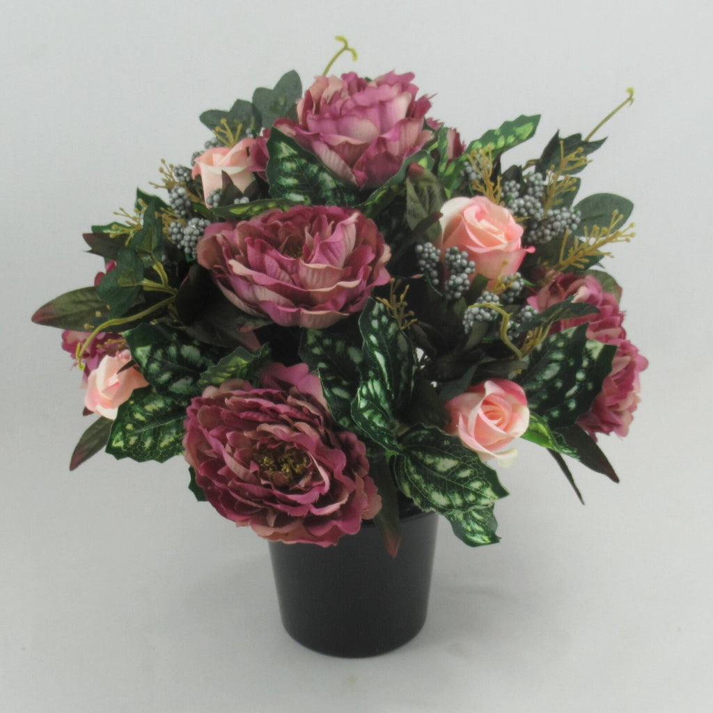 Artificial Grave Flower Arrangement with  peonies and pink rosebuds 26cm