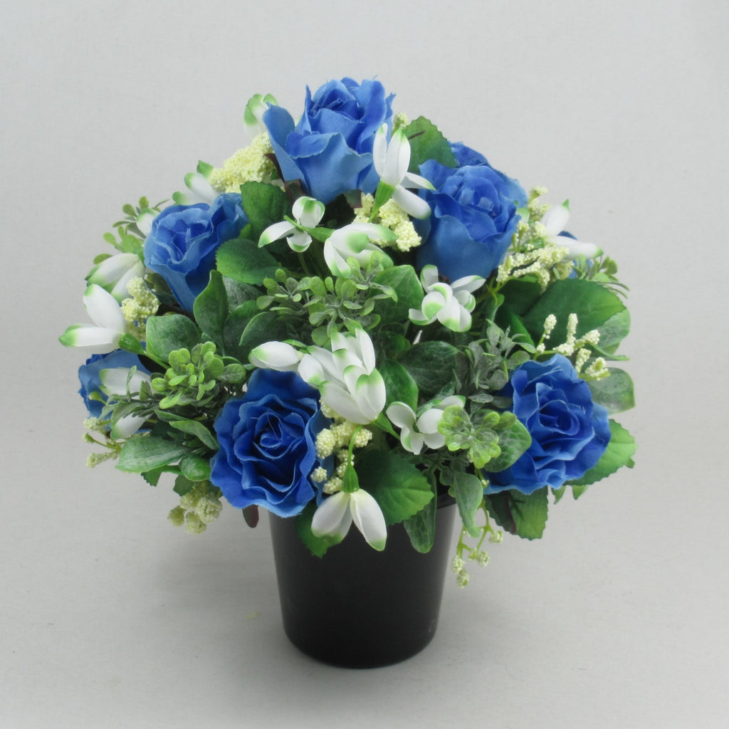 Artificial Grave Flower Arrangement in Pot Snowdrops Roses 25cm Long Lasting
