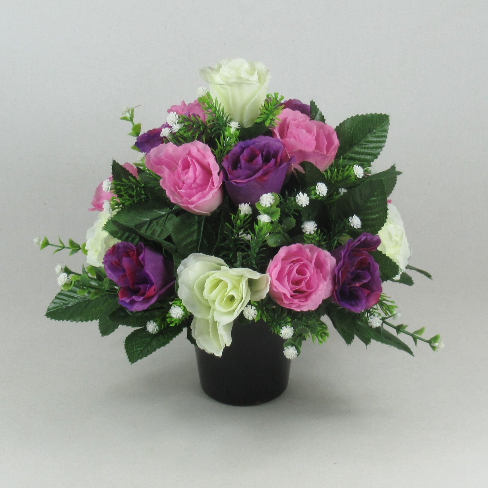 Artificial silk flowers - Grave arrangement in pot purple cerise roses