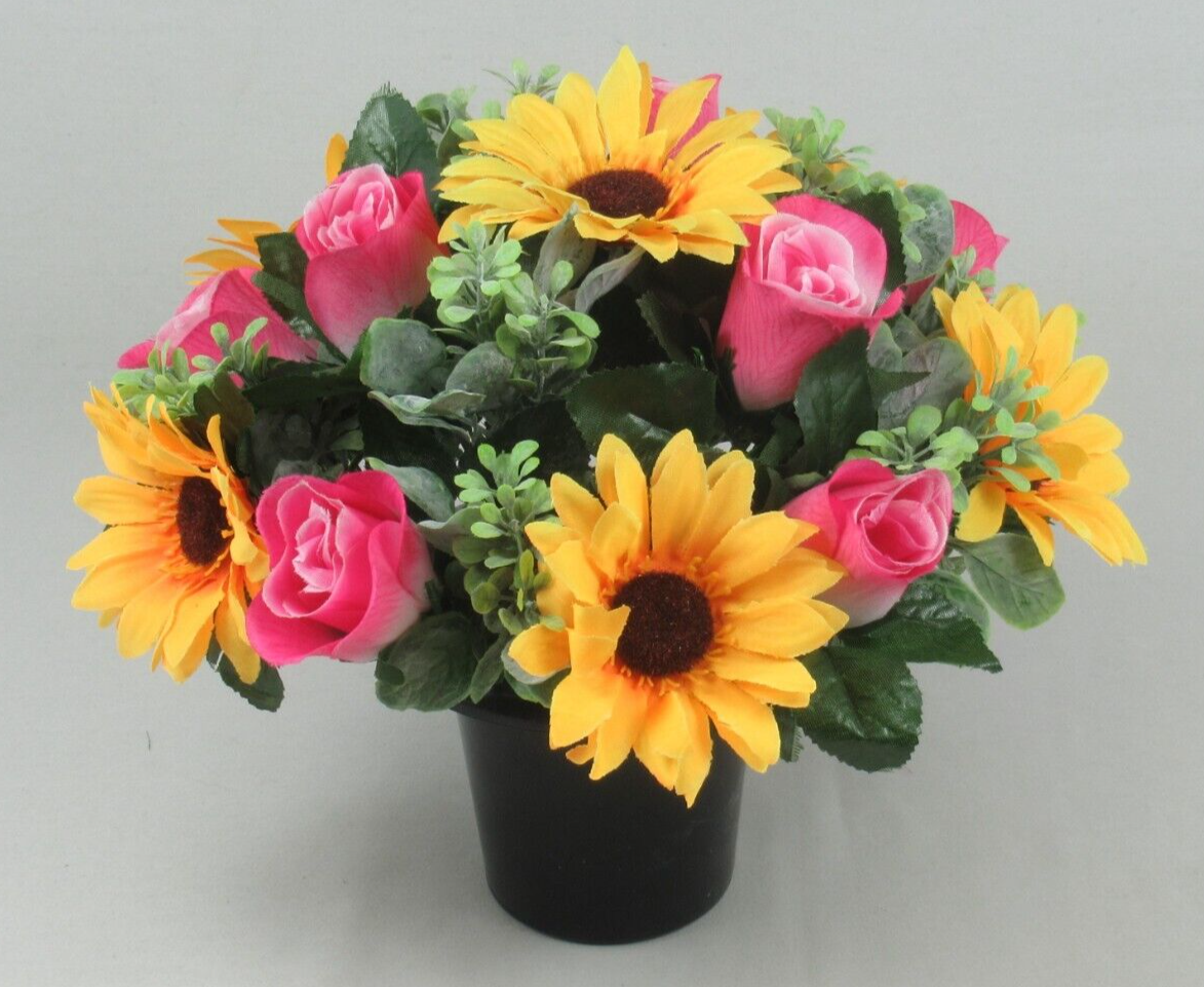 Artificial memorial flower arrangement in black pot with yellow sunflowers and pink roses