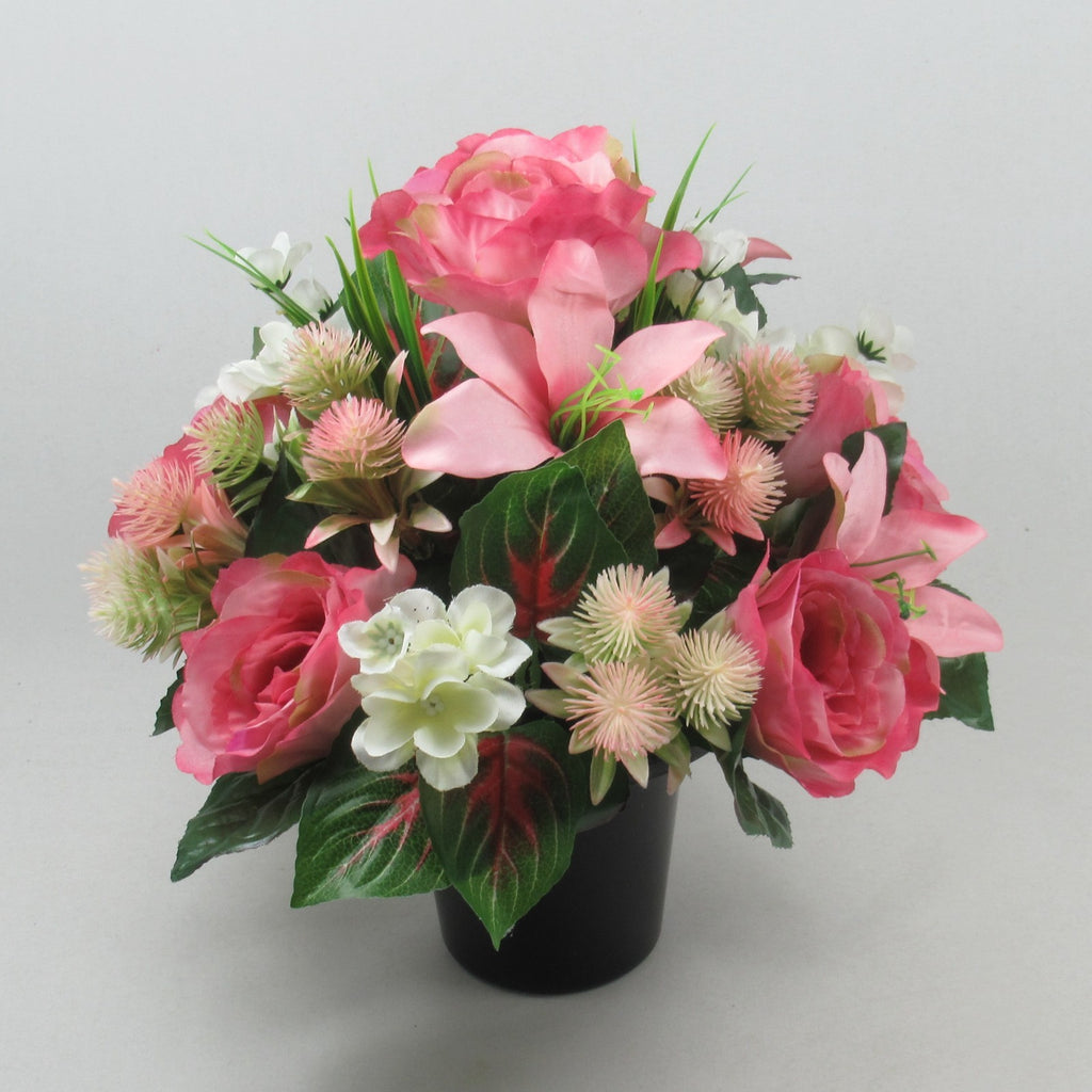 Artificial Grave Flower Arrangement in Pot Pink rose lily 26cm Long Lasting