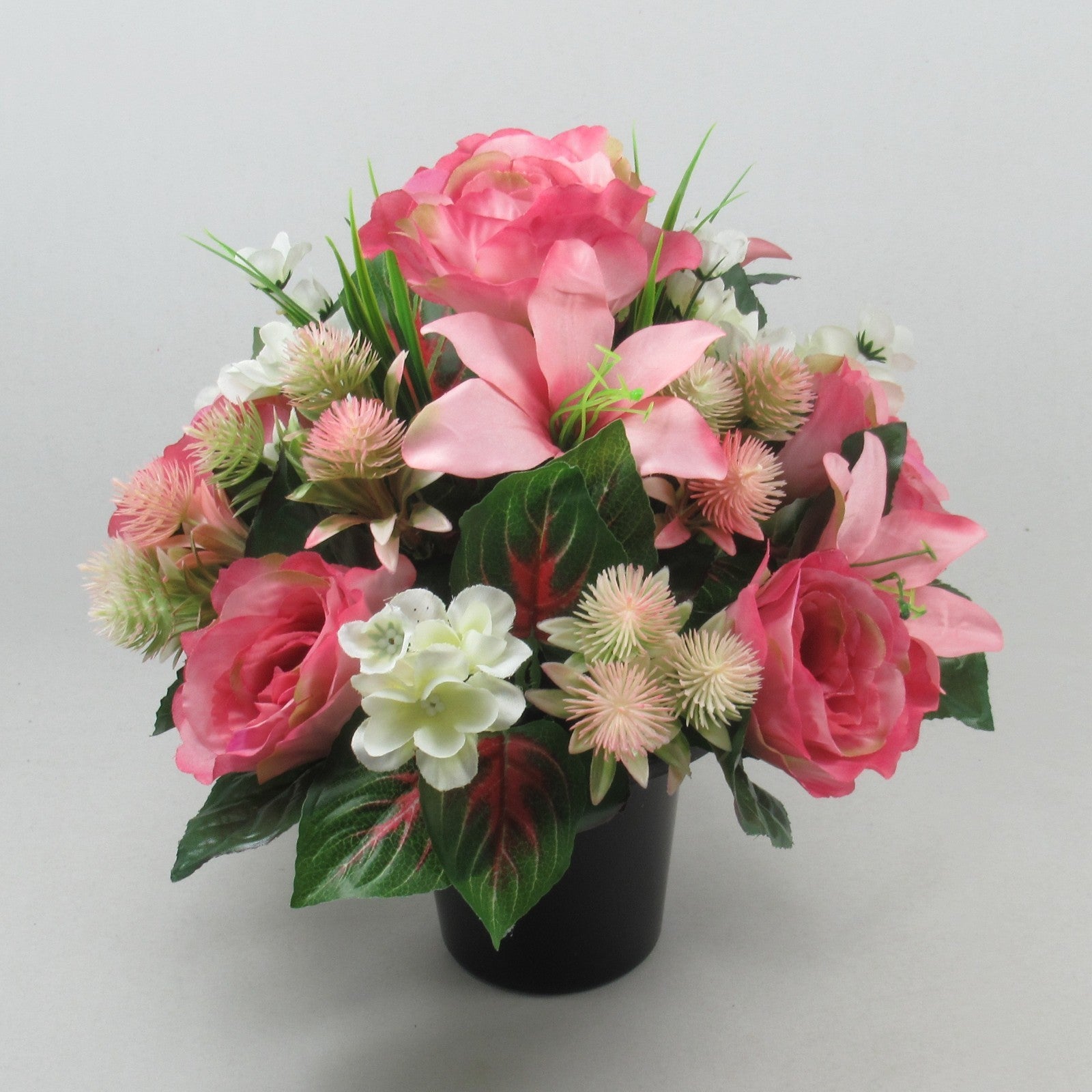 Artificial Grave Flower Arrangement in Pot Pink rose lily 26cm Long Lasting