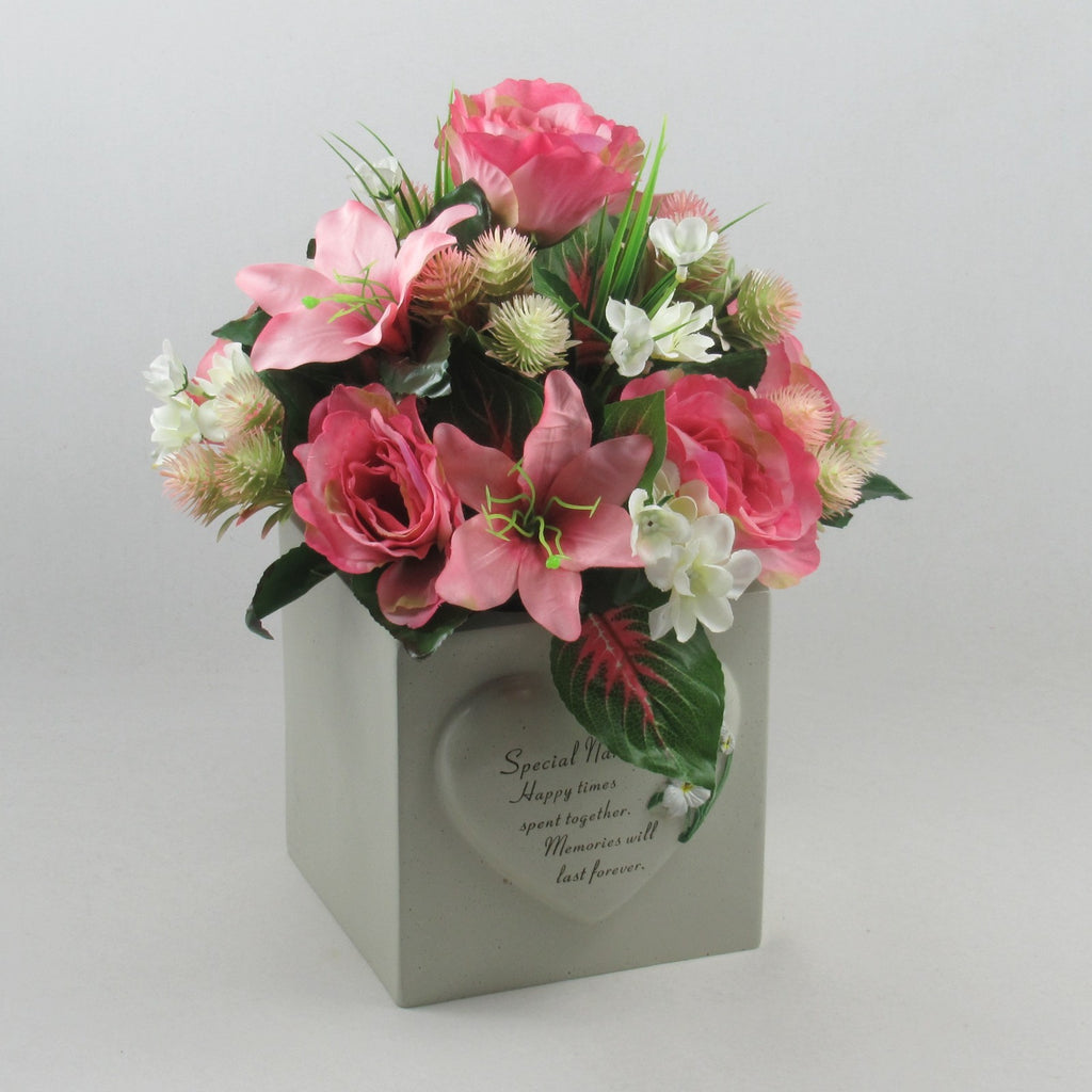 Artificial Grave Flower Arrangement in Pot Pink rose lily 26cm Long Lasting
