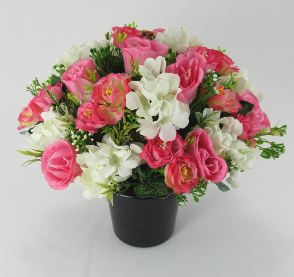 Artificial pink and white flower pot arrangement, long-lasting silk look, black pot