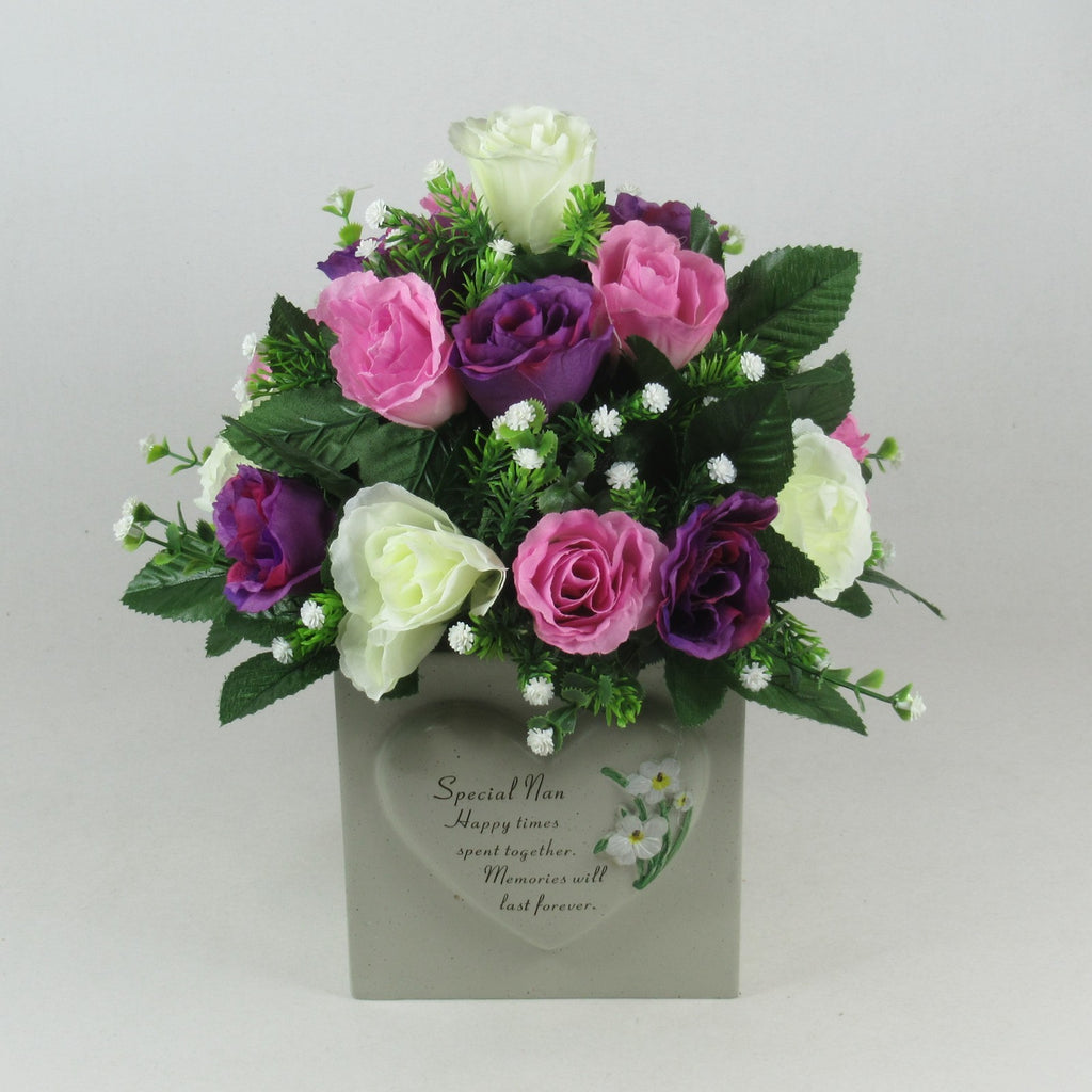 Artificial silk flowers - Grave arrangement in pot purple cerise roses