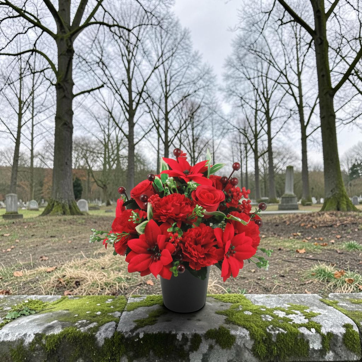 Christmas grave flower arrangement - red poinsettias, rose, carnations 24cm
