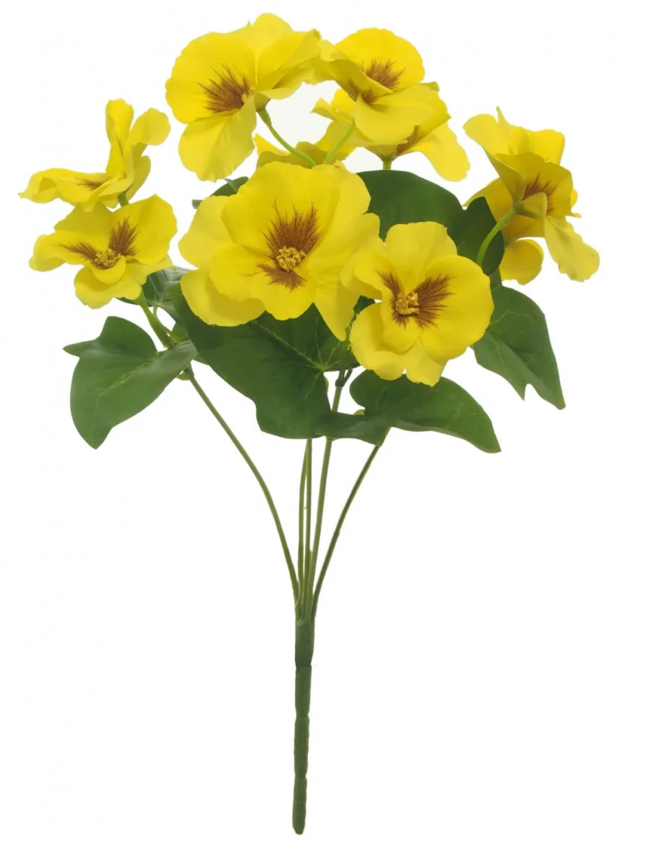Artificial silk pansy flower bunch with yellow blooms and green leaves