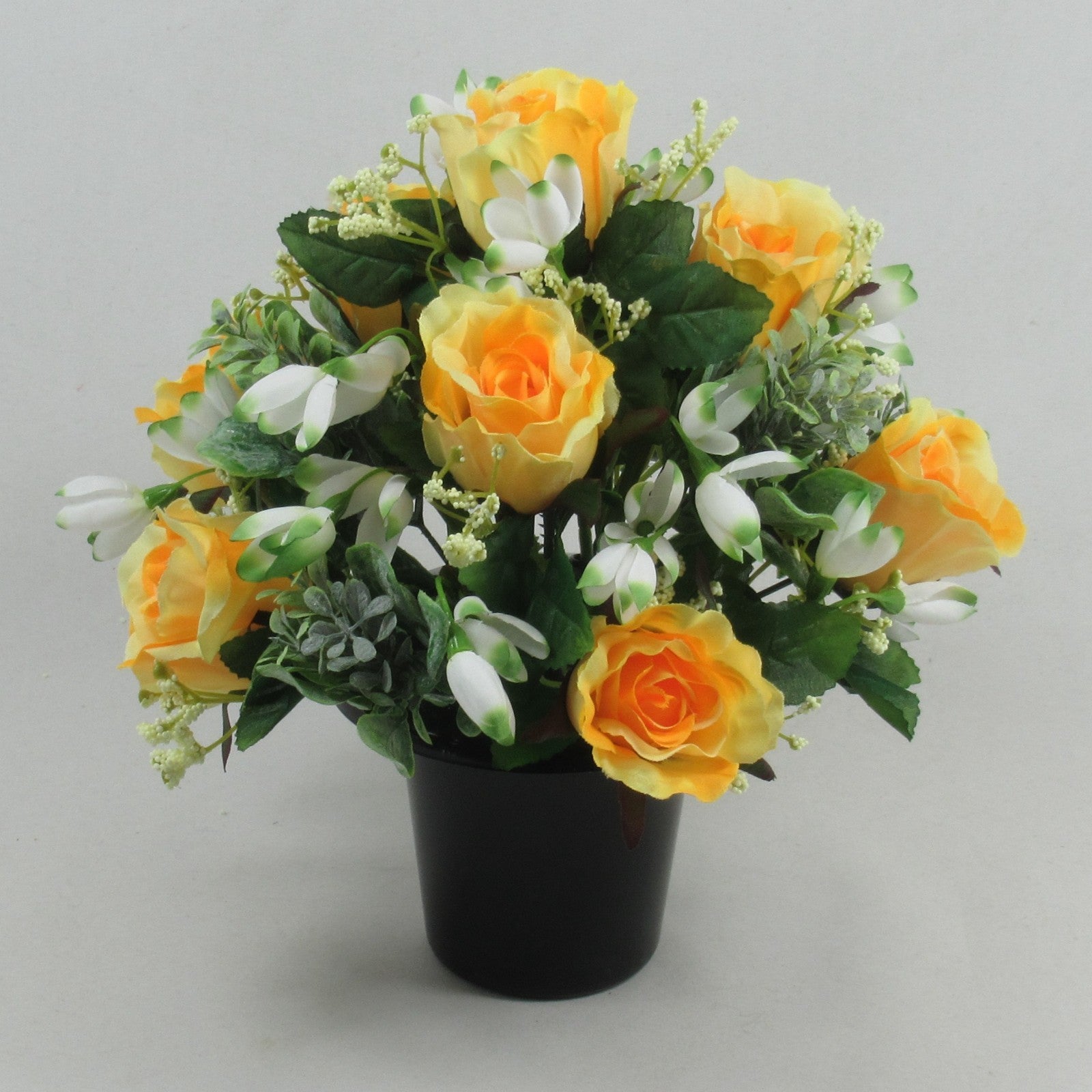 Artificial Grave Flower Arrangement in Pot Snowdrops Roses 25cm Long Lasting