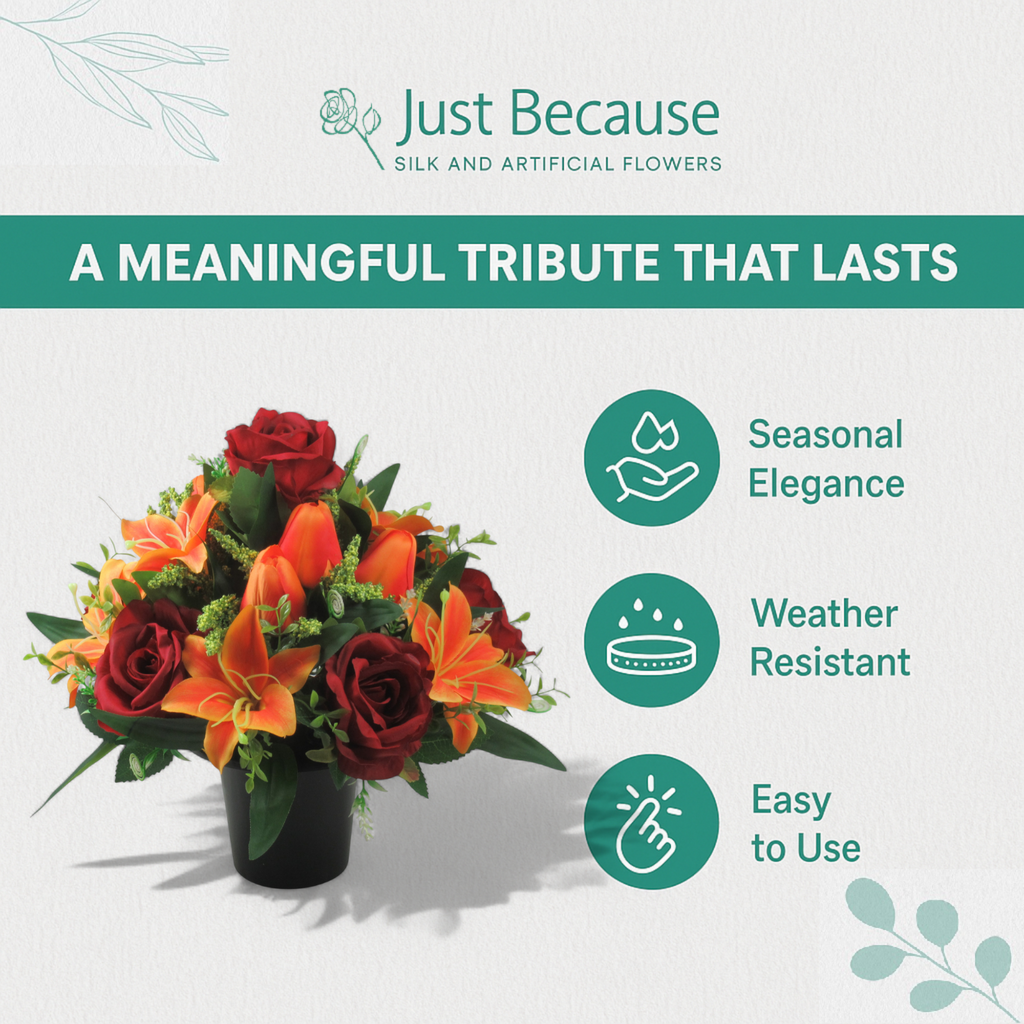 Autumn Artificial silk flowers grave pot arrangement Warm Colours 27.5 cm