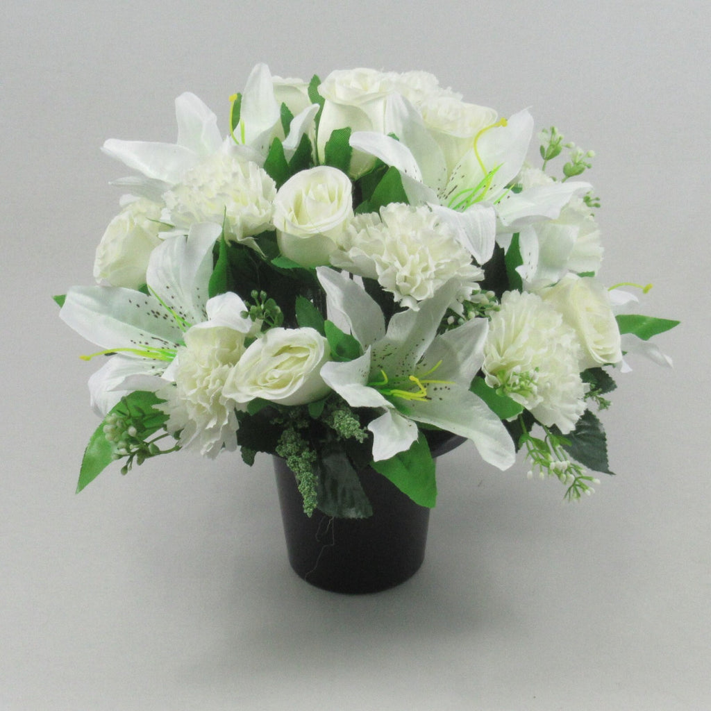 Beautiful White Artificial flower pot Arrangement in grave/memorial Crem Pot