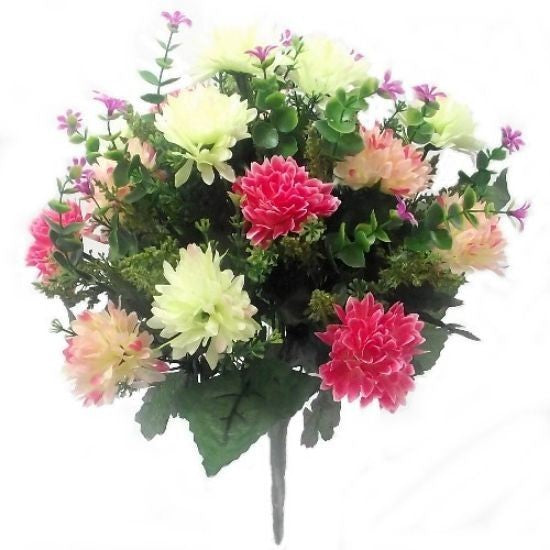 Artificial spiky chrysanthemum flower bush with pale green, pink, and rose blooms
