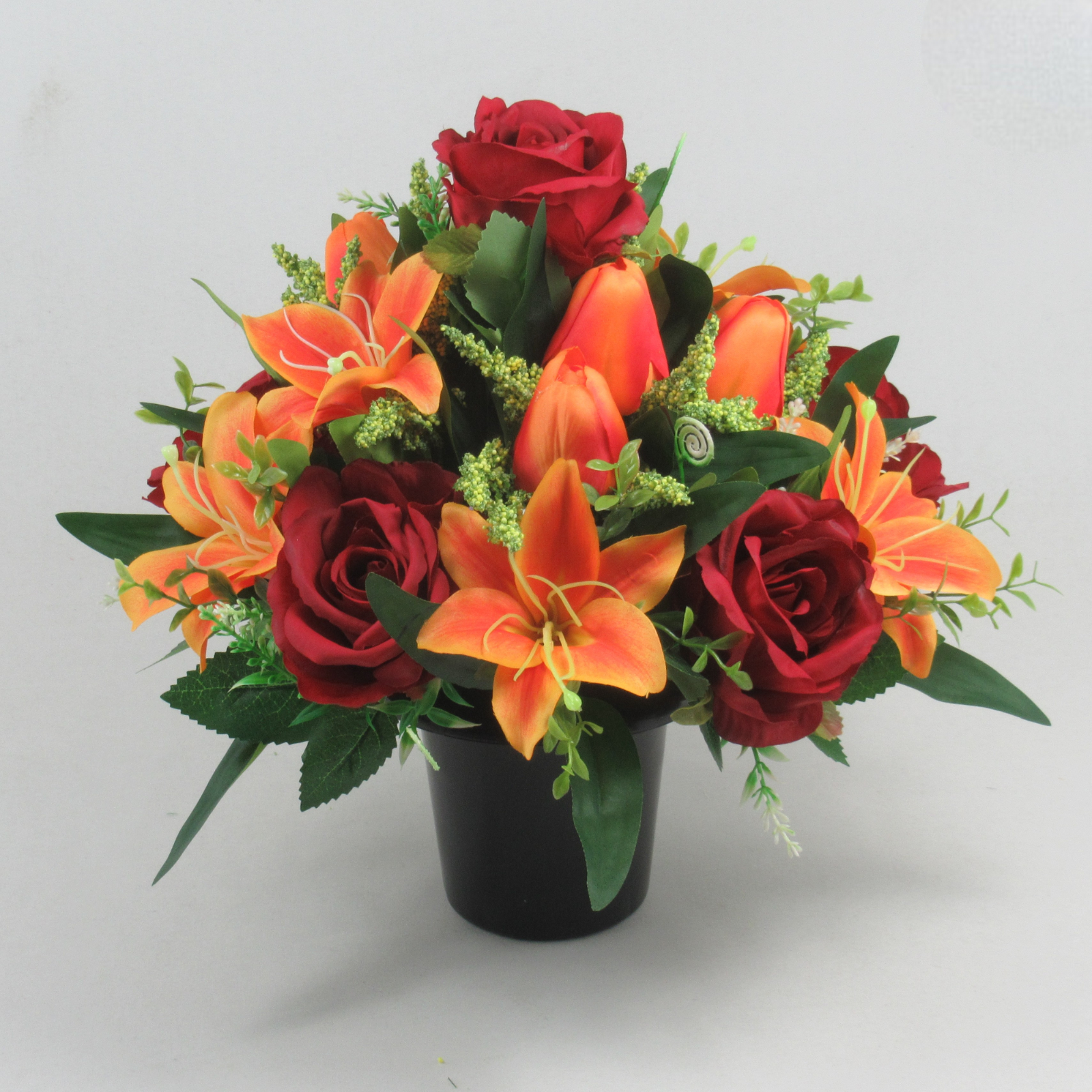 Autumn Artificial silk flowers grave pot arrangement Warm Colours 27.5 cm